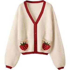 Over Sized Cream and Red Strawberry Varsity Cardigan Sweater